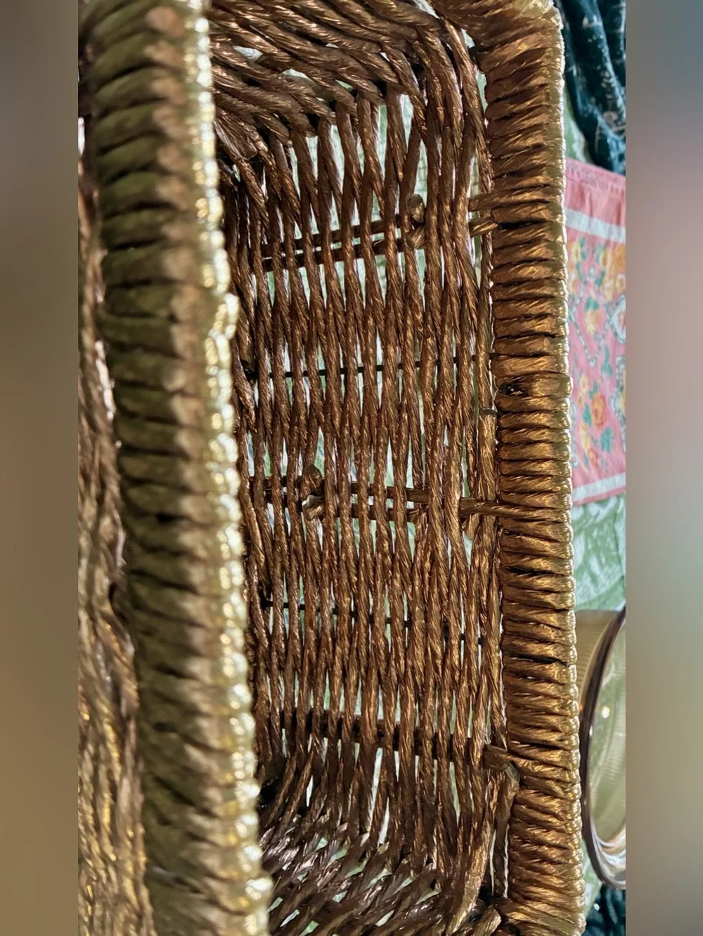 Metallic Gold Woven Abaca Rope Basket, Late 20th Century Rectangle with Handles.